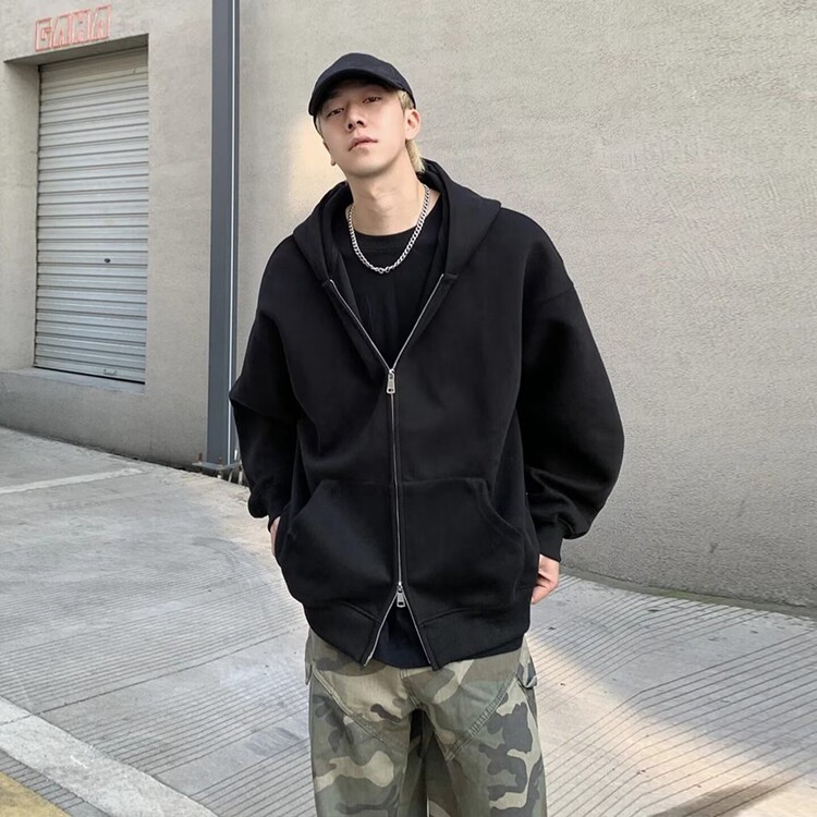 浅灰色双拉链开衫卫衣男款秋季重磅连帽外套美式潮牌帽衫,女装短外套,星座218-8