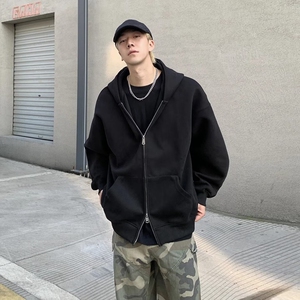 浅灰色双拉链开衫卫衣男款秋季重磅连帽外套美式潮牌帽衫图片