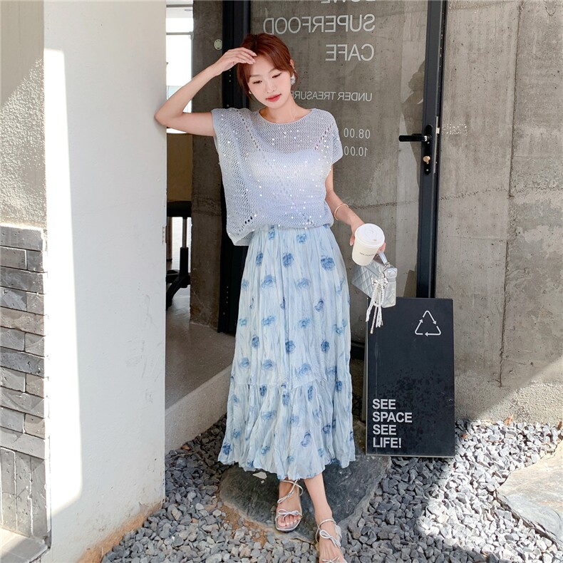夏日绝美小裙子套装女2025新款独特气质针织镂空上衣半身裙两件套,女装套装/套裙,2C159