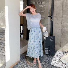 夏日绝美小裙子套装女2025新款独特气质针织镂空上衣半身裙两件套，女装套装/套裙，2C159