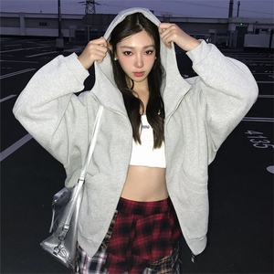 抖音得物高品质 26春装美式高街重磅宽松结构高领连帽卫衣外套W60图片
