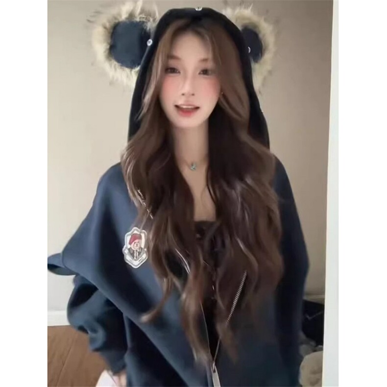 可爱小熊耳朵毛领开衫外套女秋冬新款设计感拉链外套W88,女装短外套,星座1116A（原606A-3）