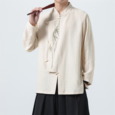 风（折枝金竹）棉麻混纺绣花木头扣大码宽松长袖衬衫男女款，男装衬衫，星座305A（原312A-1）