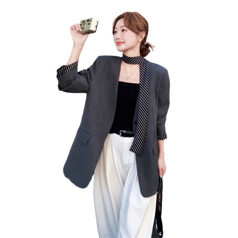 现货！春装新款韩版高级感灰色条纹西装外套女2C325-525P155K228,女装西装,2C325