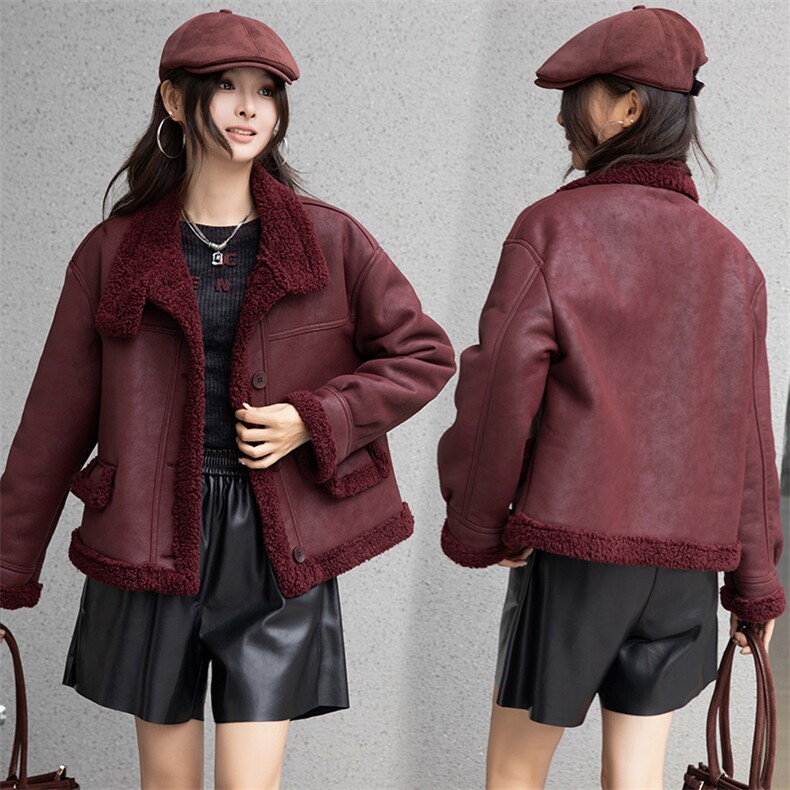 现货皮毛一体仿羊羔毛外套女短款2024秋冬新款加绒加厚外套，女装羊羔毛/颗粒绒，潮流依族