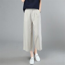 夏季新款中年妈妈棉麻休闲宽腿裤松紧腰薄款八分显瘦亚麻阔腿裤女，女装休闲裤，璐依舞