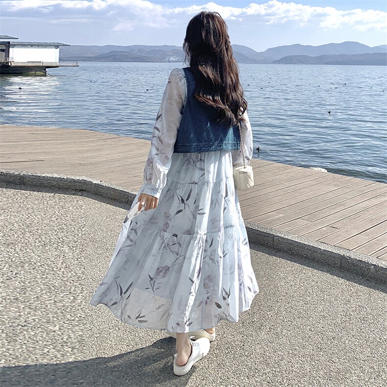 现货-蓝色印花连衣裙+马甲两件套203-8887-P175-K258,女装套装/套裙,浙宝203