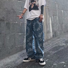 牛仔裤男圆圈字母2021夏季新款港风潮流宽松休闲裤痞子K344-P48，男装牛仔裤，星座412-2