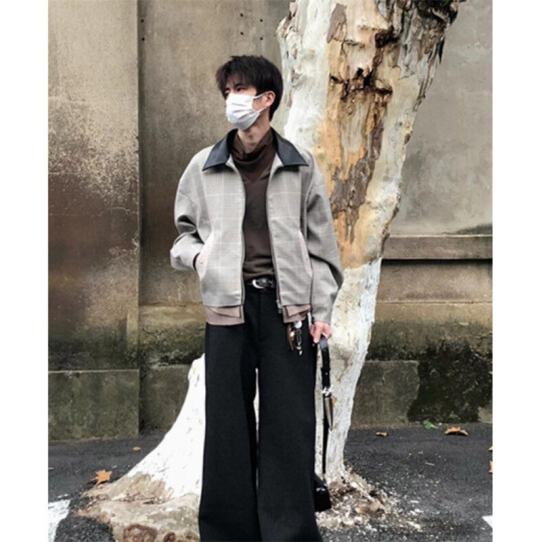 拼接千鸟格纹廓形皮领夹克2025春季新款设计感小众外套J5344,男装夹克,星座1116A（原606A-3）