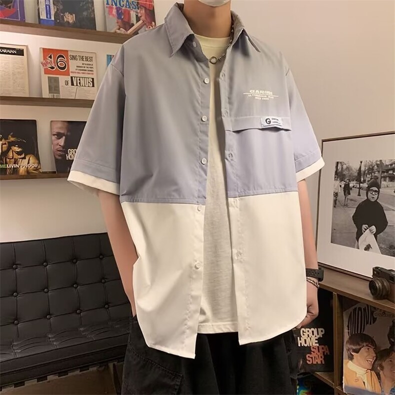 设计感拼接短袖衬衫男夏日系宽松休闲翻领工装衬衣外套CY813-P34,男装衬衫,星座412-2