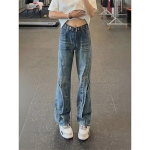 美式闪电纹小众牛仔裤男春秋新款潮牌垂感高级感宽松直筒阔腿裤子图片