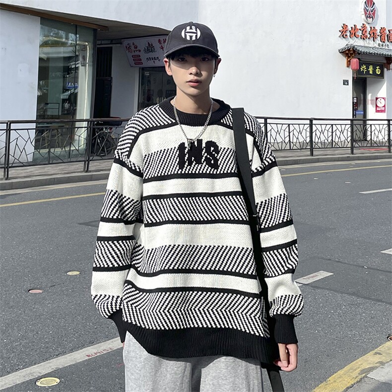 条纹字母毛衣男韩版潮流痞帅2023冬季新款ins宽松针织衫W3402-P50,男装针织衫/毛衣,星座412-3