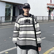 条纹字母毛衣男韩版潮流痞帅2023冬季新款ins宽松针织衫W3402-P50，男装针织衫/毛衣，星座412-3