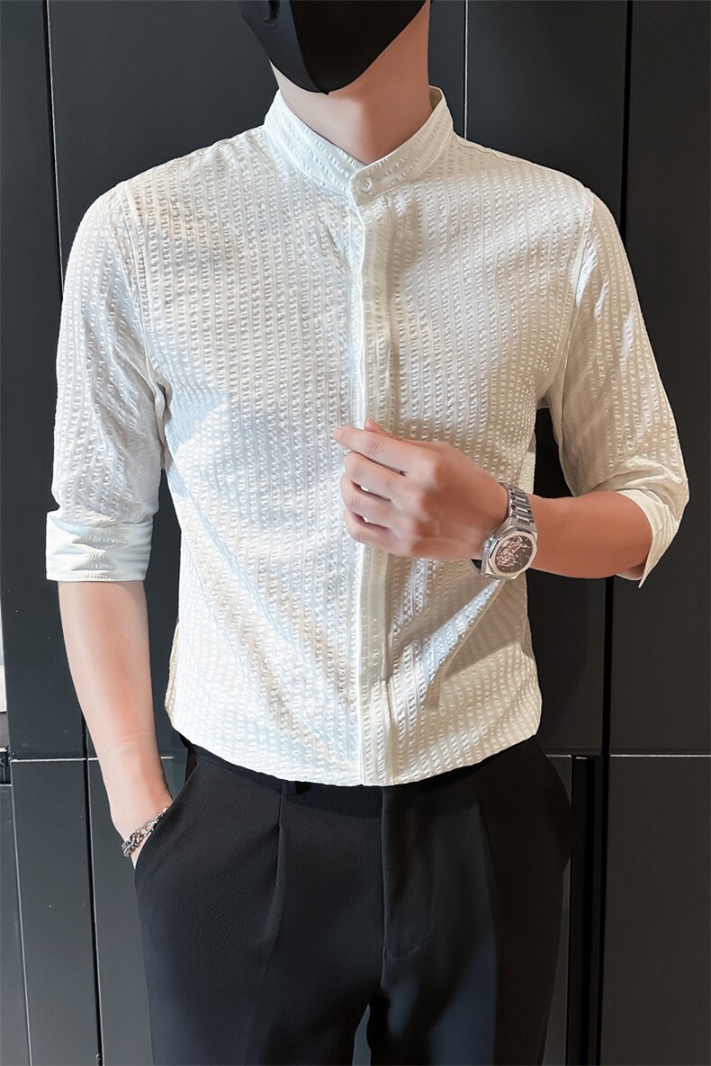 夏男士七分袖立领条纹衬衫男休闲修身休闲衬衣小伙A236-C668-P58,男装衬衫,电商A236