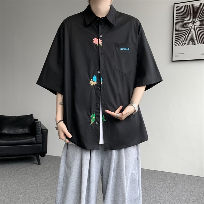 设计感重工花卉刺绣短袖衬衫高级大码美式痞帅衬衣外套DC5011/P45,男装衬衫,电商B238
