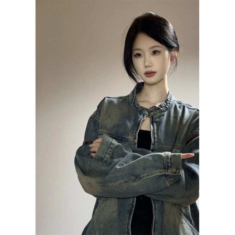 【有货】美式复古垫肩牛仔外套男女款高级感立领夹克JK05CC-特P68,男装夹克,星座1007（原301D）