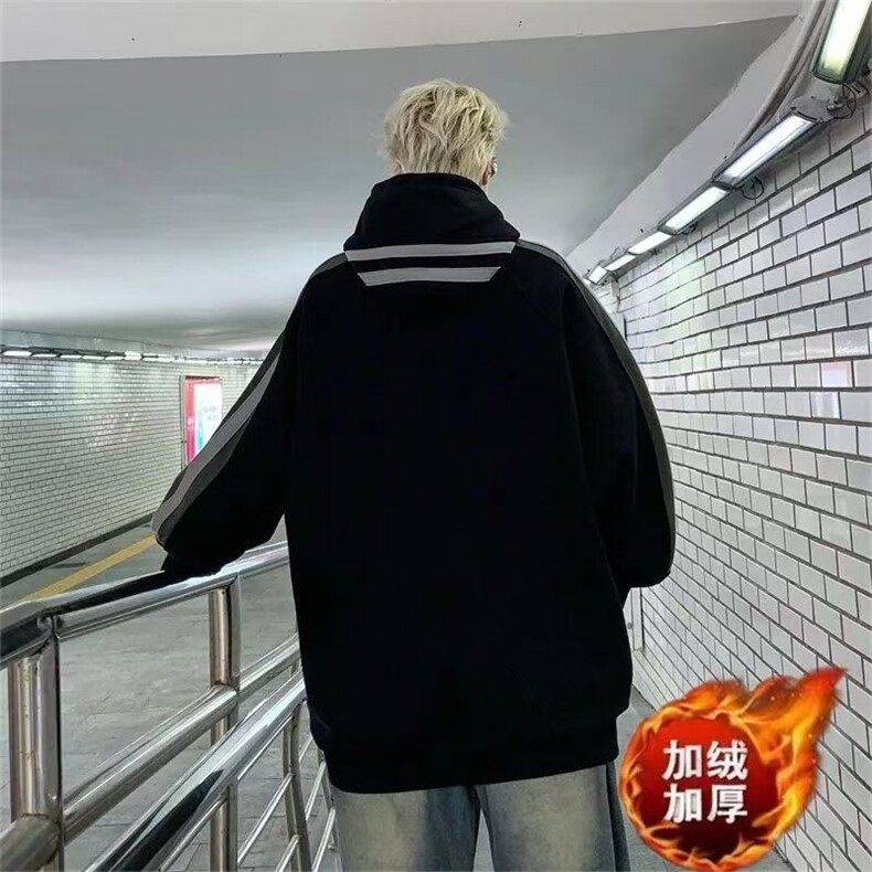 美式拼接连帽卫衣男秋冬季oversize潮牌嘻哈痞帅宽松情侣帽衫外套,女装短外套,星座1210-1