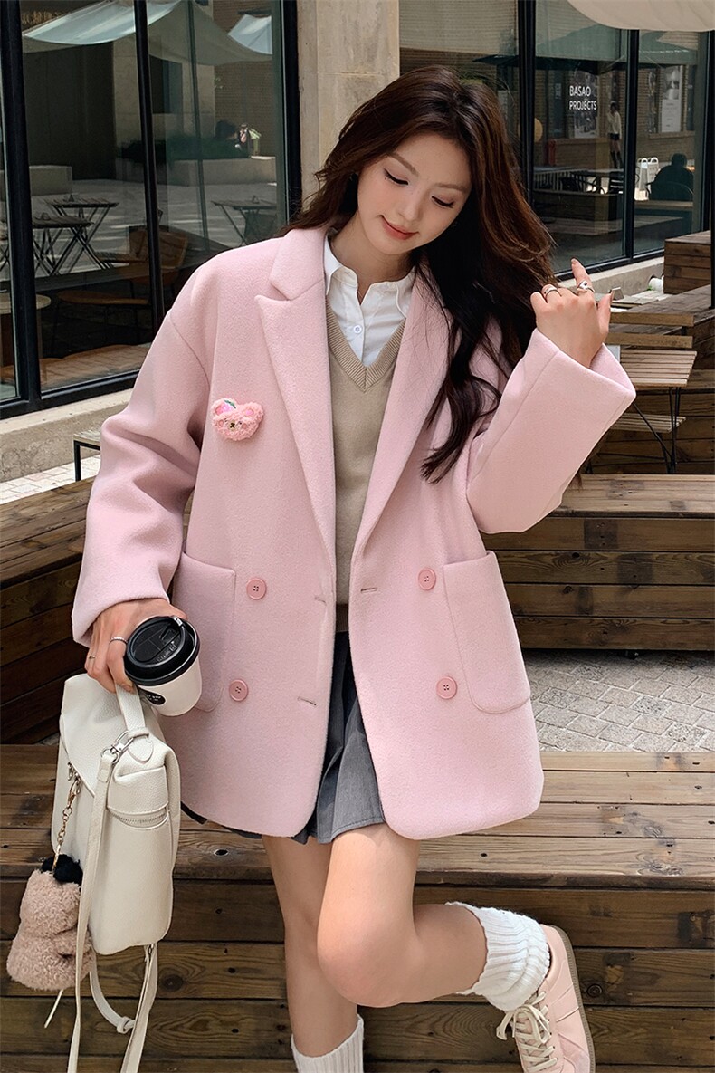 粉色毛呢西装外套春秋女2025新款韩系甜气小个子双面呢小西服,女装西装,天使之佳话