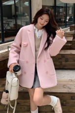 粉色毛呢西装外套春秋女2025新款韩系甜气小个子双面呢小西服，女装西装，天使之佳话