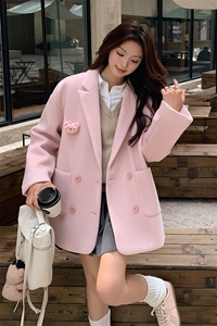 粉色毛呢西装外套春秋女2025新款韩系甜气小个子双面呢小西服图片