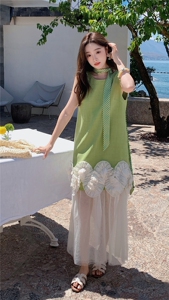 重工无袖立体花边拼接连衣裙女夏季2025甜美慵懒风撞色假两件长裙图片