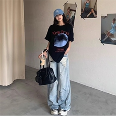 美式潮流设计感复古蓝色破洞牛仔裤新款宽松直筒磨破长裤子，男装牛仔裤，星座1018A