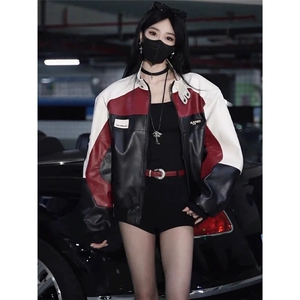 GC0737-P70网图PU皮衣飞行员夹克情侣拼接撞色痞帅机车骑行服外套图片