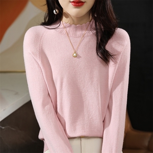 2025年春高级感蕾丝花边半高领针织衫女新款木耳边打底衫内搭毛衣图片