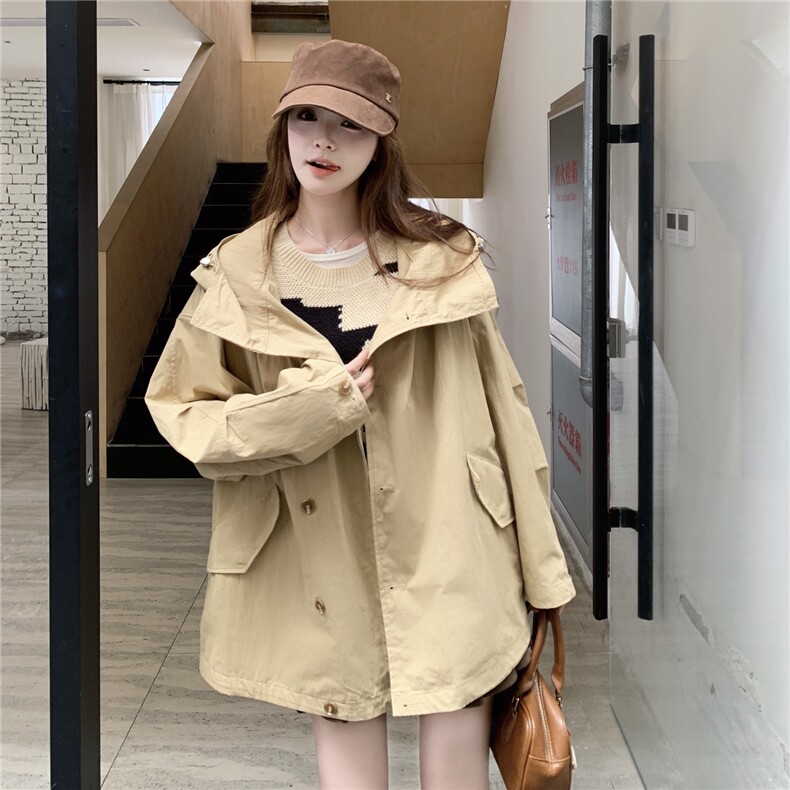 韩系chic休闲卡其色中长款连帽风衣女春秋独特漂亮巨好看上衣外套图片