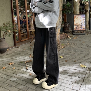美式复古工装牛仔裤男女宽松松紧腰抽绳直筒大口袋潮裤子N92-P46,男装牛仔裤,星座308B-1
