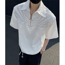 垫肩解构设计褶皱夏季小众短袖衬衫痞帅金属感T恤901P45，男装T恤，电商A458A