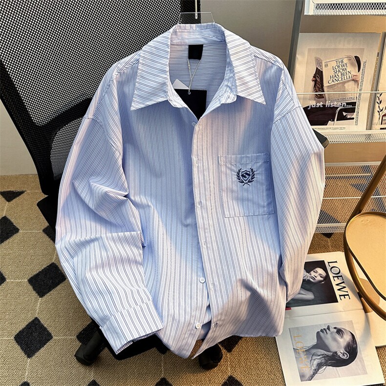 日系条纹长袖衬衫男春秋徽章刺绣内搭宽松衬衣外套CS0121-P33,男装衬衫,星座308B-1