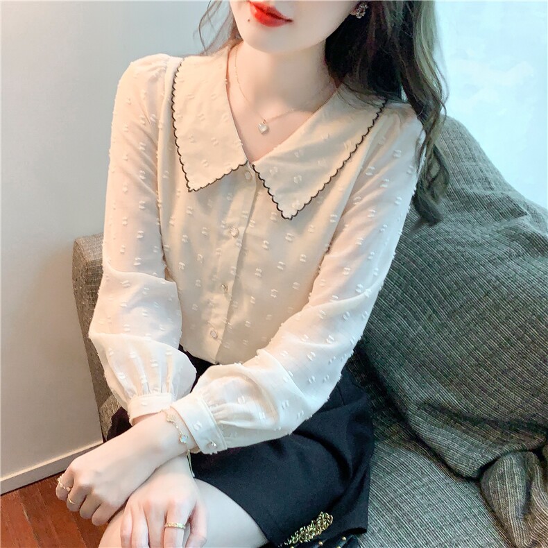 春季新款娃娃领甜美长袖衬衫气质雪纺衫上衣超仙小衫图片