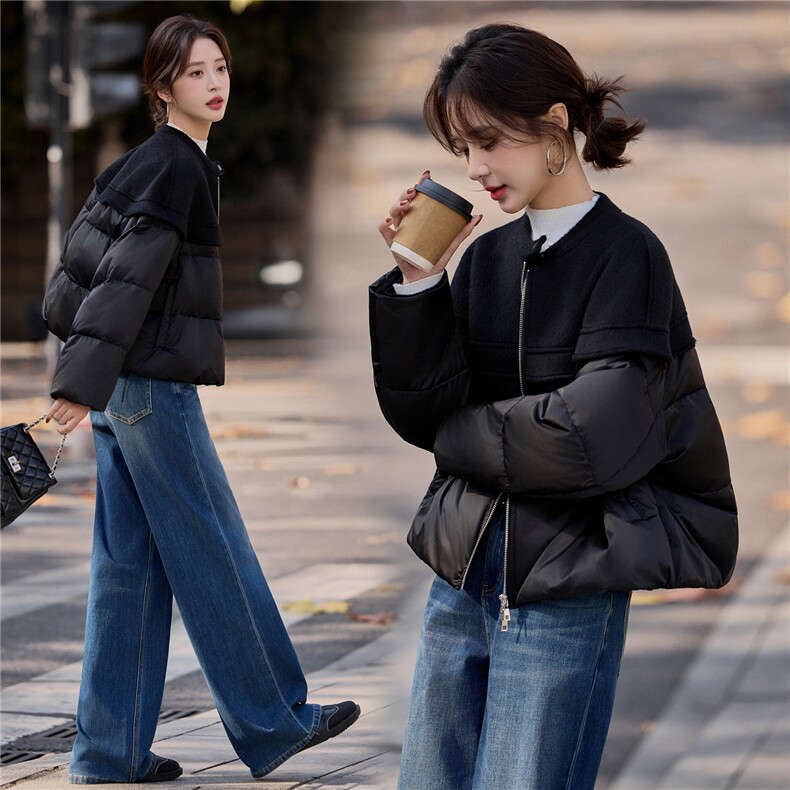 黑色短款休闲拼接羽绒服女2026冬季新款圆领休闲百搭上衣，女装羽绒服，梦懿尔
