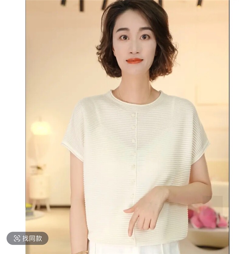 2025夏季新款时尚圆领单排扣短袖针织衫女宽松显瘦百搭洋气上衣潮,女装T恤,晨旭羊绒