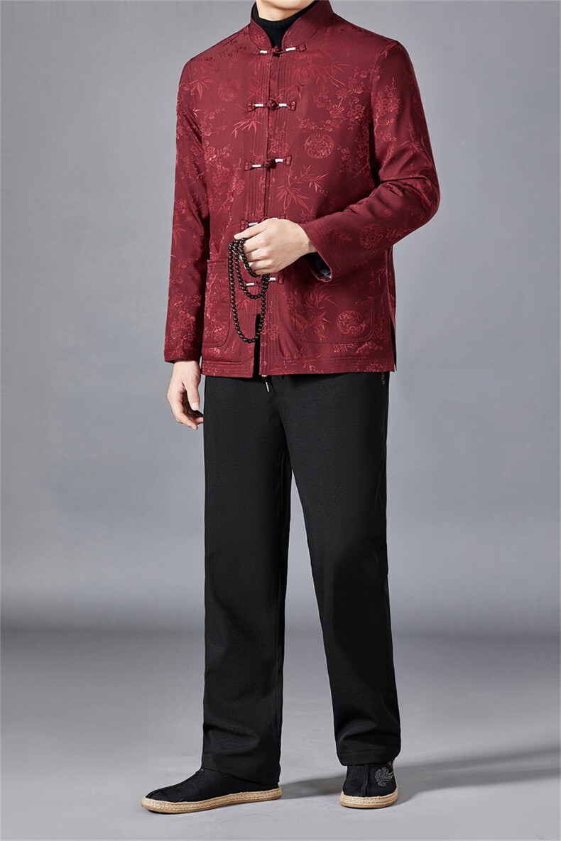 中老年男士唐装爸爸装生日礼服竹叶花加绒唐装休闲保暖汉服套装,男装棉衣,钱塘6003（原4033）