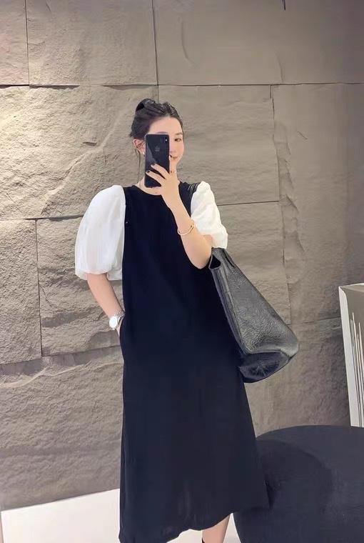 夏季新款欧货洋气拼接泡泡袖连衣裙,女装连衣裙,L·H·X
