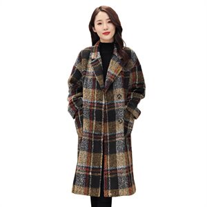 2022年冬季新款复古格纹加厚韩版呢子毛呢双排扣大衣长款外套，女装毛呢外套，霓裳依族