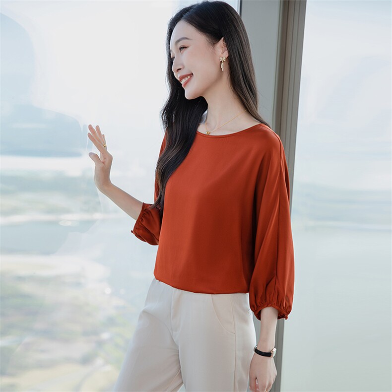 纯色真丝上衣女七分袖2026春夏宽松中袖中年妈妈装真丝T恤小衫,女装衬衫,阿舍尔精品