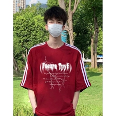抖音得物高品质二开240克宽松纯棉美式潮牌三条杠织带短袖T恤，男装T恤，电商A486-1