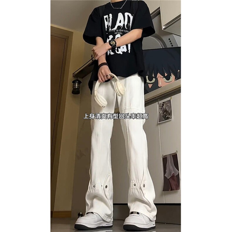 高街vibe风牛仔裤男ins潮牌美式宽松直筒炸街排扣微喇裤NZG510,男装牛仔裤,星座516A