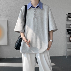 8XL-M格纹拼接假两件短袖t恤大码美式重磅polo翻领半袖DX1218/P48，男装T恤，电商B238