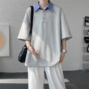 8XL-M格纹拼接假两件短袖t恤大码美式重磅polo翻领半袖DX1218/P48图片