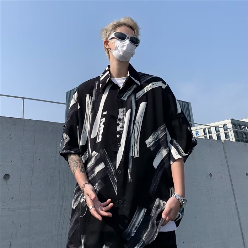 夏季冰丝垂感短袖衬衫男宽松潮牌半袖衬衣1001-1-CS512-P35,男装衬衫,星座1001-1
