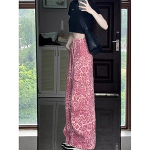 D6183-P58美式粉红色豹纹嘻哈男女新款宽松阔腿裤工装裤-网图现货图片