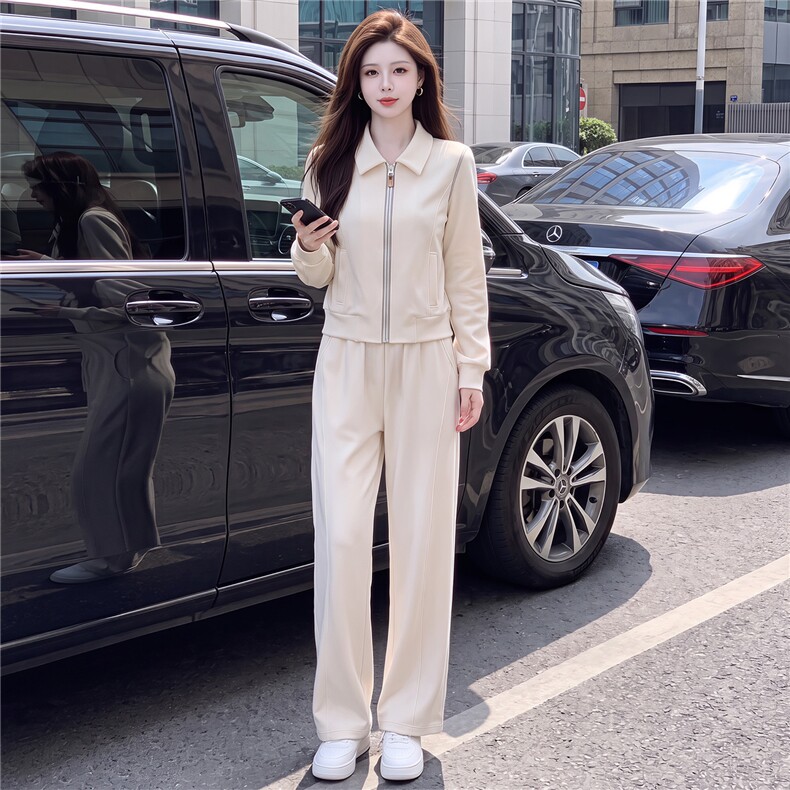韩系女春秋新款套装时尚洋气休闲减龄翻领开衫外套阔腿长裤两件套,女装套装/套裙,江南