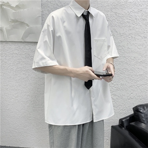 白色领带衬衫男情侣套装宽松短袖衬衣潮韩版学院风衬衫 W974-P28图片