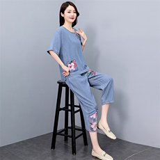 妈妈休闲洋气天丝牛仔套装女夏微胖中年宽松印花上衣直筒裤两件套，女装套装/套裙，涵墨