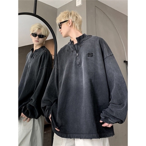706-WY6050-P75  现货  春季男士复古做旧水洗立领半拉链卫衣外套图片