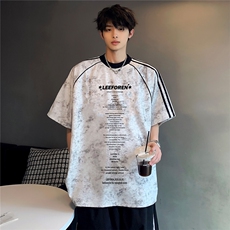 夏季个性条杠学院风吊染潮牌美式复古中性短袖插肩袖T312-P38，男装T恤，电商C307